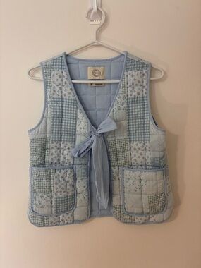 Stoosh Light Blue Patchwork Tie-Front Quilted Vest